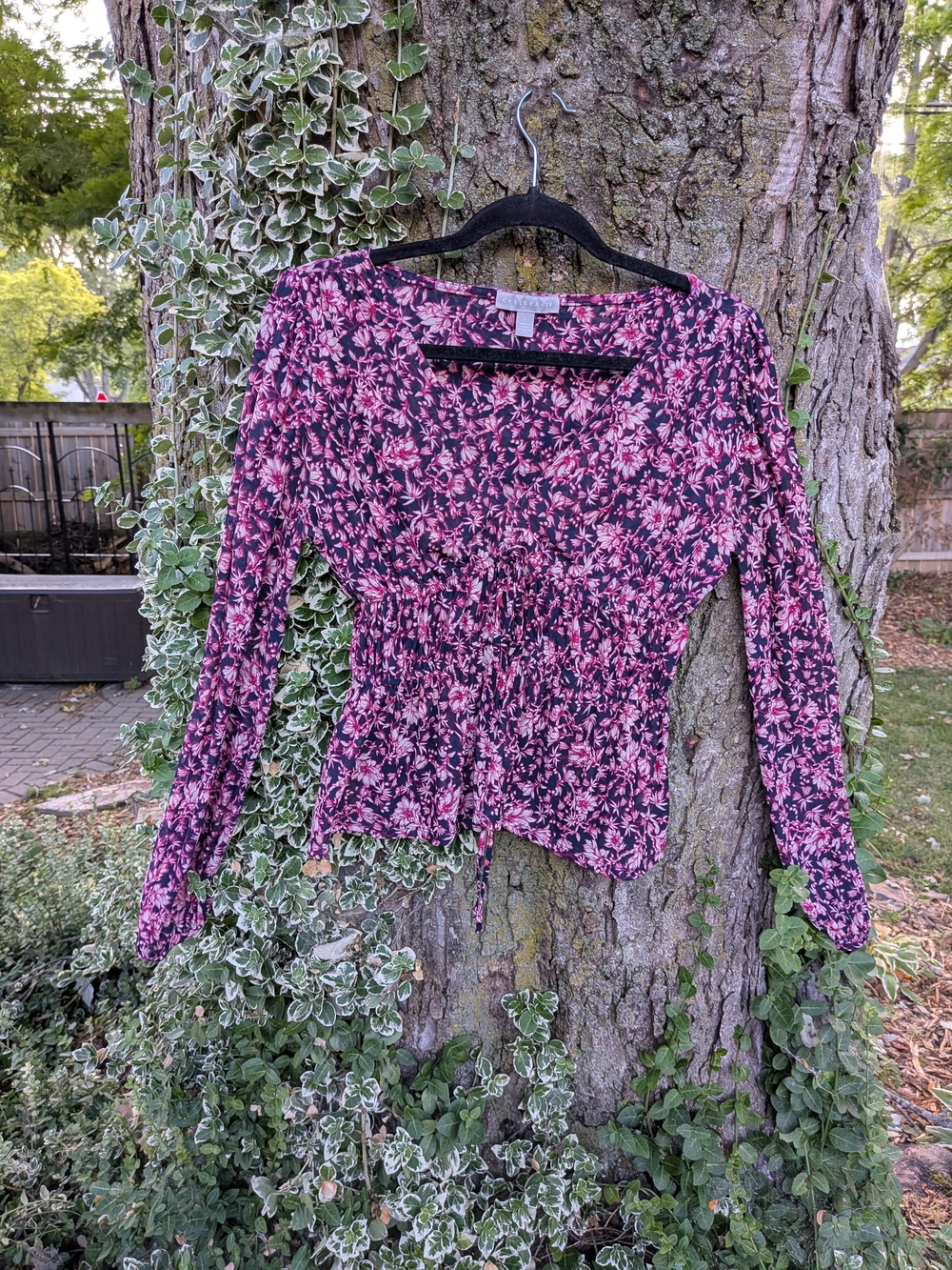 Chelsea28 Pink and Black Floral Smocked-Waist Long Sleeve Top